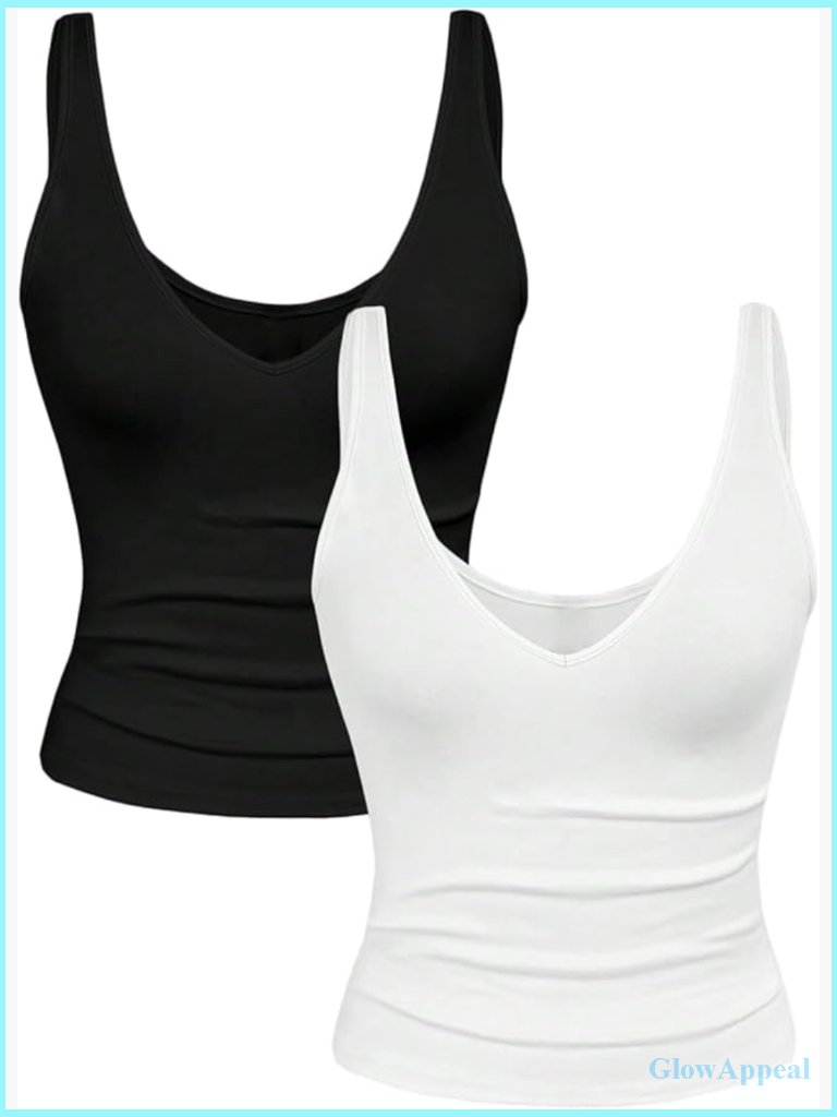 2 Piece Crop Tank Tops Summer Ruched Deep V Neck Sleeveless Dressy Casual Tops